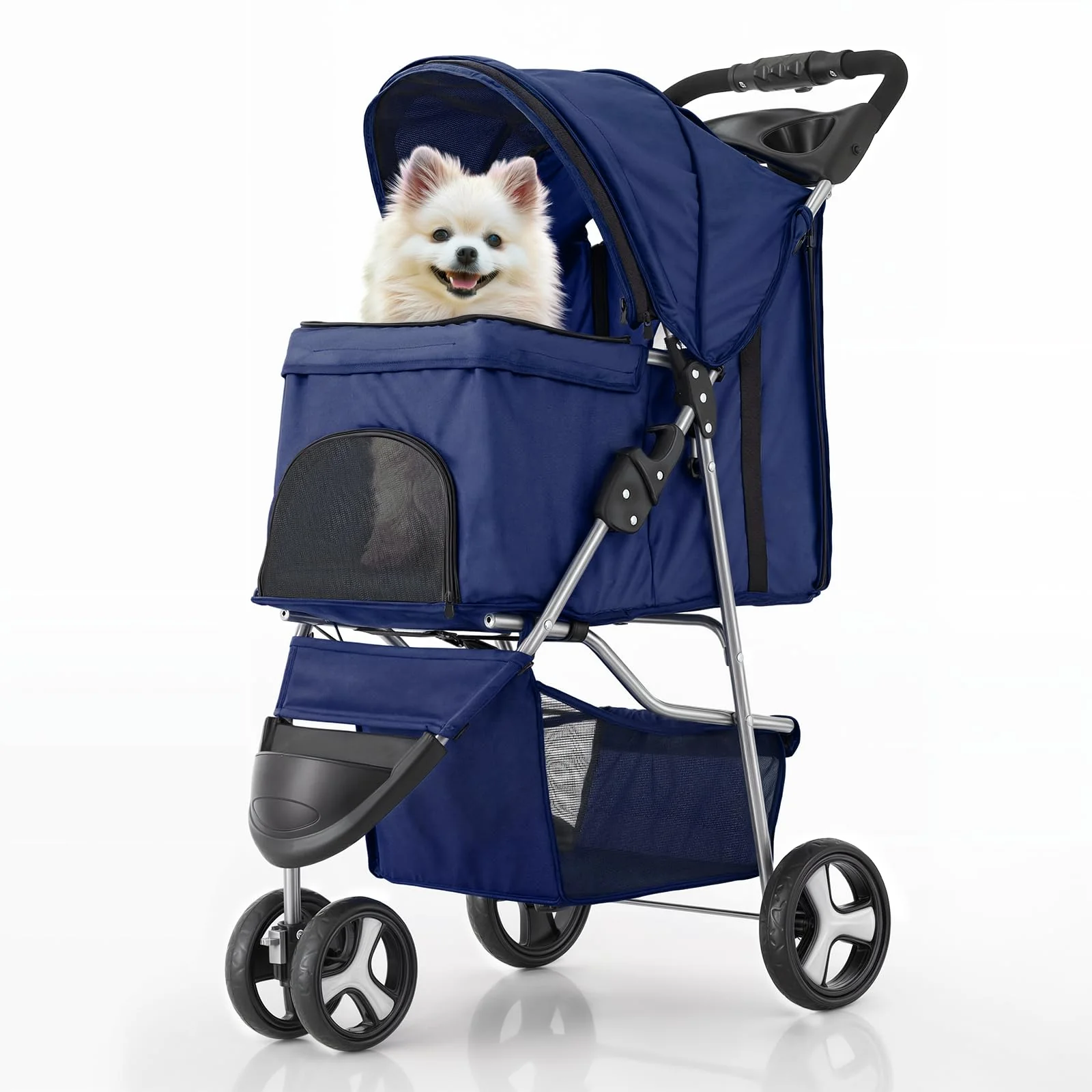 3-wheel stroller for pets, foldable cage for dogs and cats with all-season weather cover, storage basket and cup holder, breathable mesh and