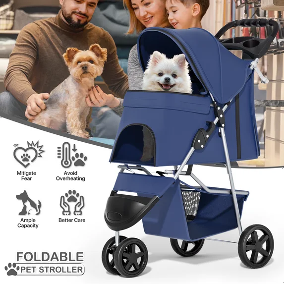 3-wheel stroller for pets, foldable cage for dogs and cats with all-season weather cover, storage basket and cup holder, breathable mesh and - Image 2