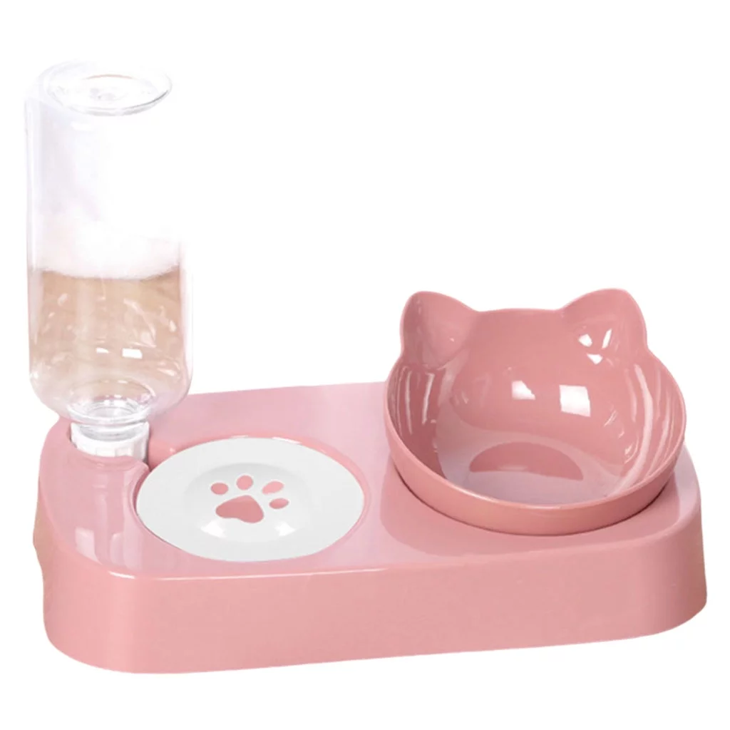 Cat Bowls Double Raised Cat Food Bowl with Water Bottle 2 In 1 _pink