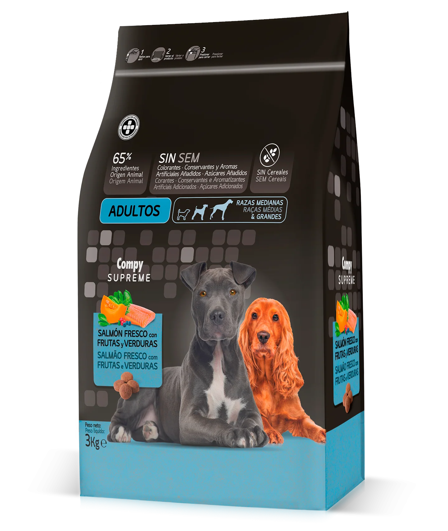Compy Supreme   for adult dogs of medium and large breeds. with fresh Salmon, Fruits and Vegetables. GRAIN-FREE.  for adult dogs of medium and large breeds.(3kg)
