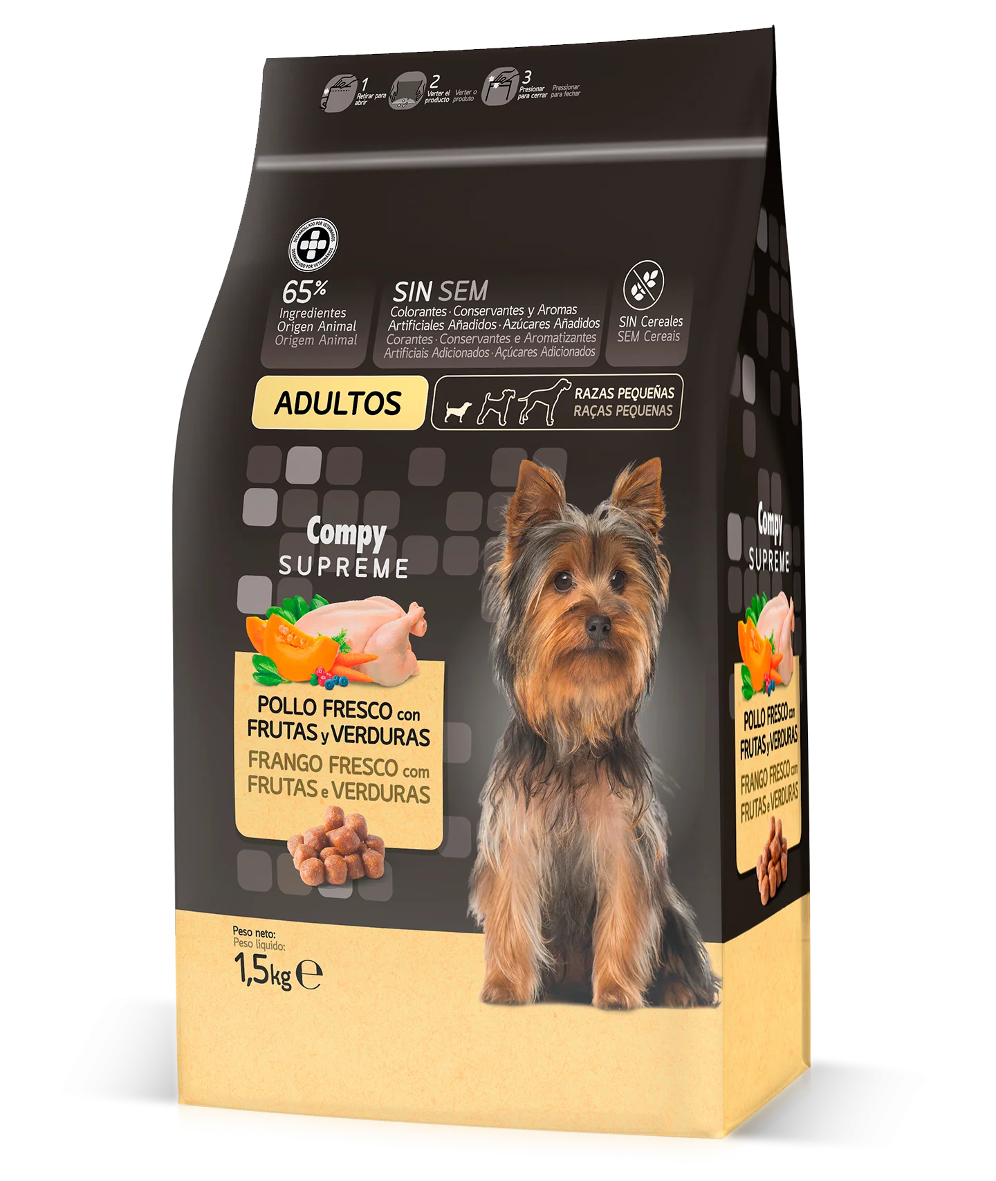 Compy Supreme for adult dogs of small breeds.  with fresh chicken, fruit and vegetables. GRAIN FREE. (1.5kg)