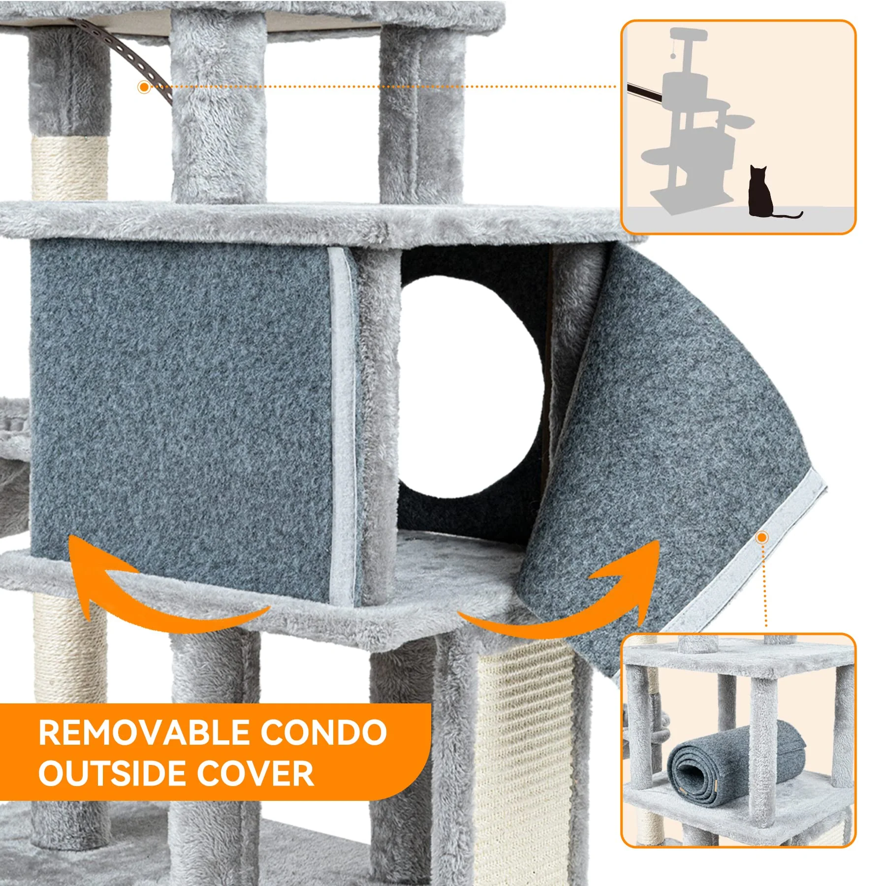Cat Tree Tower House Condo Scratching Furniture Post for Small Medium Large Cat Kitten 64“ with Hammock and Removable Condo 40x70x146cm - Image 4