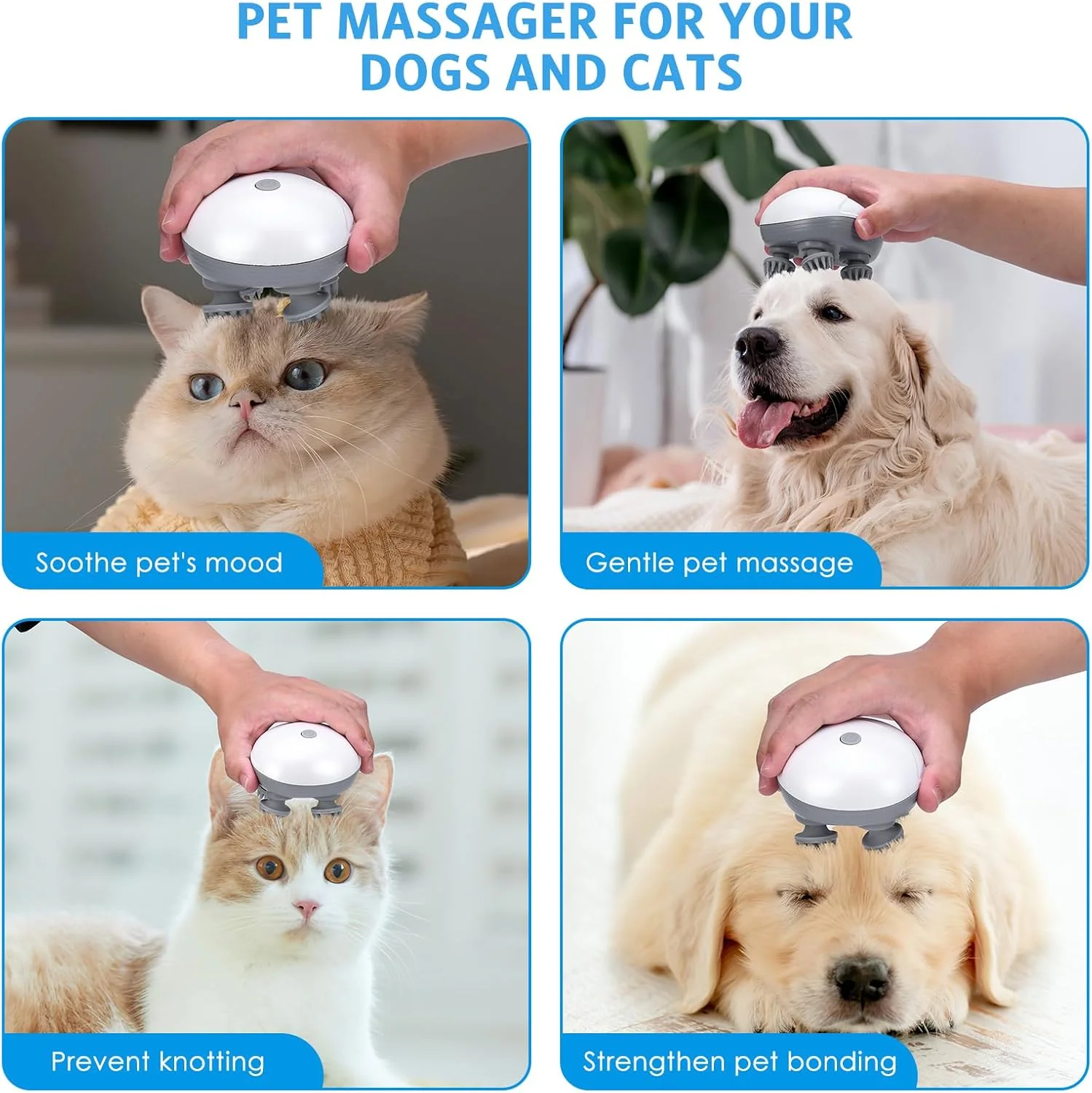 Olipiter Newest Handheld Cat and Dog Massager, Electric Pet Massager for Dogs and Cats, with 4 Massage Heads, Cat Head and Back Scratcher for Relieving Tight Stiffness Muscles, Promote Bonding - Image 6